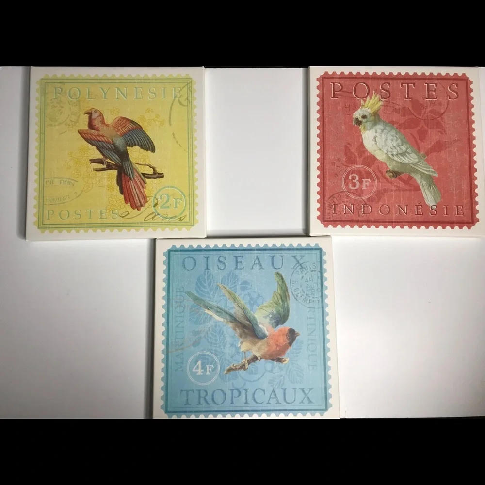 Wall hanging canvas postage stamp bird set of 3
